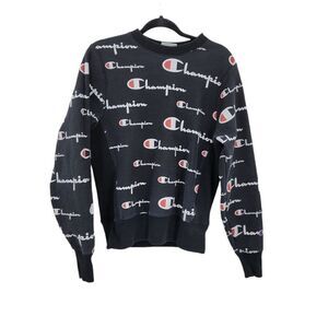 Vtg Mens Champion 90's Sweatshirt Reverse Weave All Over Logo Print Black‎ Sz XS